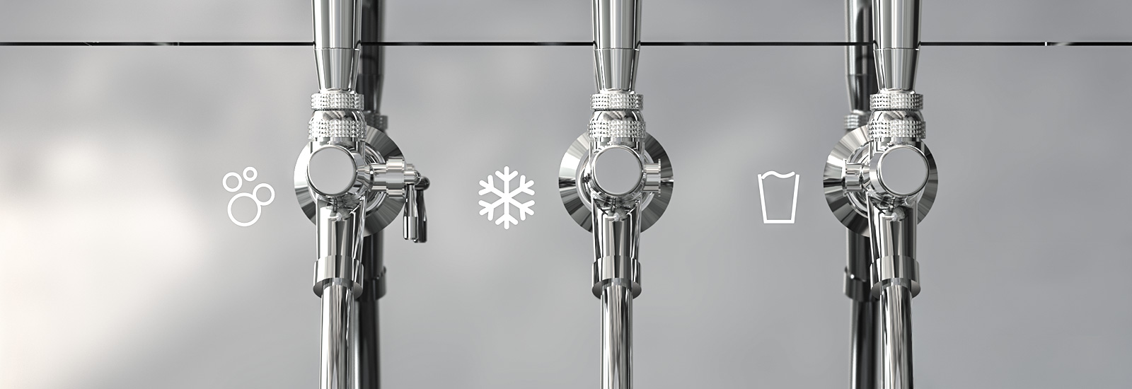 Three glasses showing sparkling, still, and ambient water options